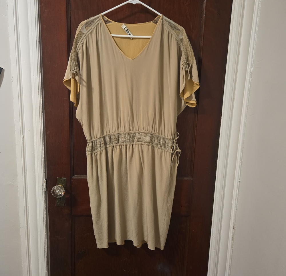 CHLOE Silk beige V-Neck Drawstring Waist Dress Size 42/12